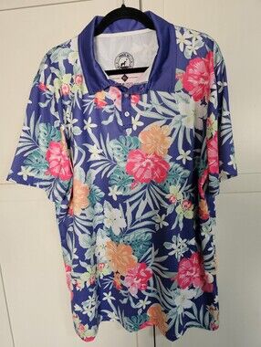 Proud 90 Golf Polo Shirt Mens Large Tropic Thunder Blue Floral NWOT Performance